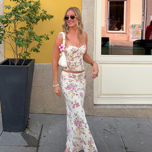 Conjunto de Dos Piezas de Vestido Camisero con Estampado Floral y Volantes para Mujer, Sin Mangas, Verano, Informal, para Vacaciones - Product Image 3