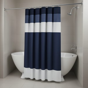 Cortina de Ducha de Seda Sintética, Diseño Moderno y Minimalista, Rayas Azul Marino y Blancas, Decoración de Baño, 72x72 Pulgadas - Product Image 2
