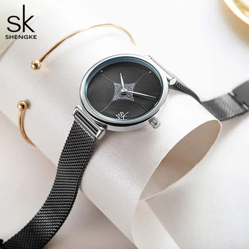 SHENGKEG Simple Style Waterproof Watches K0143L Cool Black Girl Watches Water Ripple Dial Watch Wrist