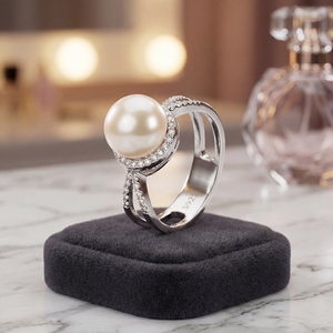 Copper Halo CZ Freshwater Pearl <b>Ring</b> <b>Split</b> Shank Hollow Band Luxury Pearl Jewelry for Women Wedding Engagement Gift - Product Image 4