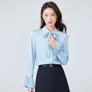 Women's Bell Sleeve Blouse Solid Color Chiffon Bow <b>Tie</b> Work Shirt Spring Autumn Professional Commuting Interview Formal Wear - Product Image 1