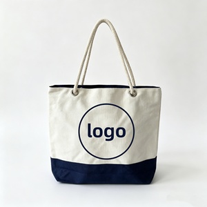 Sac fourre-tout en toile blanche avec logo personnalisé, grande taille, poignée en corde, sac de shopping, bordure marine, OEM/ODM - Product Image 1
