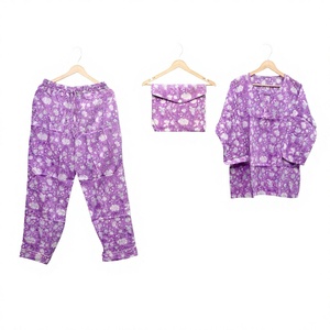 Ensemble de pyjama unisexe écologique multicolore en 2 pièces, imprimé floral, manches longues, col rond, doux, non tissé, été, 100% coton, nuit - Product Image 1