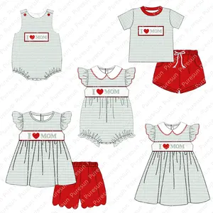 Puresun Factory Wholesale Smocked Dress Summer Spring Kids i love mom Embroidery Baby Girl Boutique Clothing