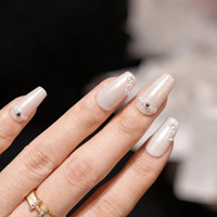 Faux ongles à presser style ballerine, blanc laiteux nacré, avec strass, brillants et réutilisables pour femmes