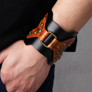 Genuine <b>Leather</b> <b>Bracelet</b> Cowhide Retro Cross Punk Style Wide Wristband X-Shaped Long Strip Jewelry Decorative Fashion Band - Product Image 4
