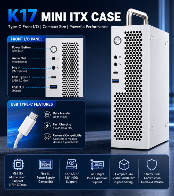 K17 Mini ITX Industrial PC Case with PCIe Expansion Flex PSU Support Type-C Front I/O Embedded Compact Desktop Chassis