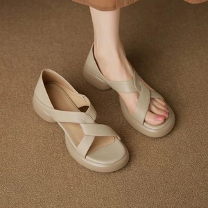 Comfortable Beige Microfiber Heeled <b>Sandals</b> With Chunky Platform Open Toe Slip-On Summer Women Shoes Drop Shipping - Product Image 5