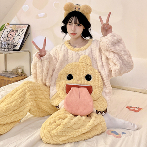 2025 Otoño Invierno nuevo 280g Coral polar pijamas mujeres lindo dibujos animados cuello redondo franela engrosada ropa de casa - Product Image 3