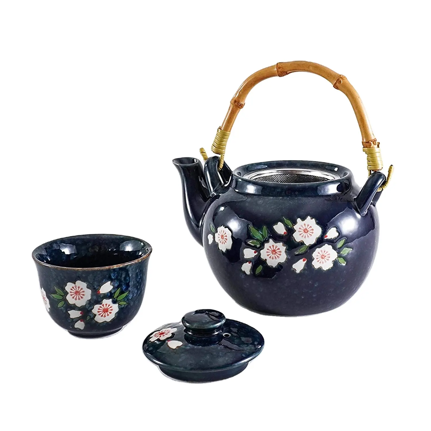 Service à thé en céramique avec 4 tasses, ml, fleur Sakura japonaise, infuseur en acier inoxydable et manche en bambou