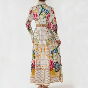 Robe longue <span class=keywords><strong>de</strong></span> luxe pour femme, imprimé floral baroque, col à revers, manches longues, coupe trapèze, avec <span class=keywords><strong>ceinture</strong></span>, idéale pour invitées <span class=keywords><strong>de</strong></span> mariage et occasions spéciales - Product Image 2
