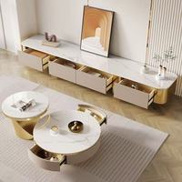 Ensemble de meubles de salon de luxe moderne avec table basse et meuble TV en bois à plateau en marbre, console beige flottante pour hôtel