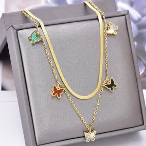 High quality 18k Gold plated Stainless Steel Butterfly Necklace Jewelry Double Layer Snake Chain Moon Star Necklace Women