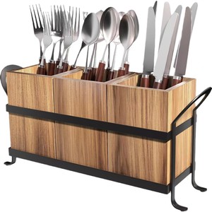 Boîte de rangement pour couverts en bois d'acacia Iron And Wood City, 3 compartiments, organiseur de couteaux, fourchettes et cuillères, organiseur de tiroir de cuisine - Product Image 5