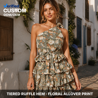 Robe mini asymétrique à volants superposés en tissu léger imprimé floral vert sauge pour femme, idéale pour les vacances à la plage et les soirées