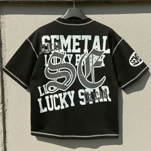 T-shirt en coton surdimensionné à imprimé personnalisé avec strass, épaules tombantes, patchwork brodé, style streetwear pour hommes - Product Image 2