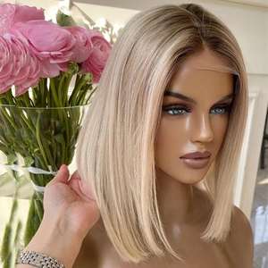 Blonde Kurze <span class=keywords><strong>Bob</strong></span>-Perücke Transparente Lace-Front Echthaar-Perücken 13X4 Honigblonde Dunkel Gesäumte Kurze <span class=keywords><strong>Bob</strong></span> Lace-Frontal-Perücke - Product Image 6
