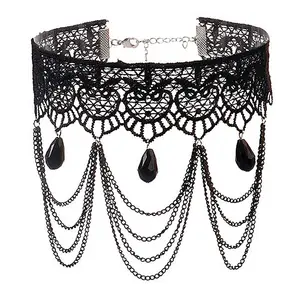Gothic Choker Black Beaded Flowers Sexy Lace Choker Necklace Lolita Vintage Tassel Chain Women Halloween Party Jewelry Gift