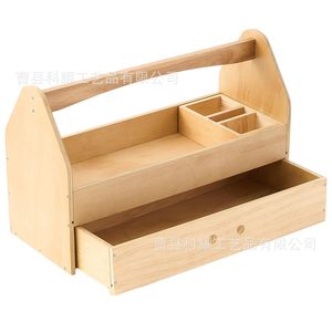 Boîte à outils en bois massif, boîte de rangement d'outils portable avec tiroir, couleur naturelle, 7-9 compartiments, usage domestique - Product Image 1