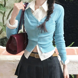 Sweet college style <b>lace</b> splicing placket waist-hugging versatile sweater girl's layered long-sleeved top - Product Image 1