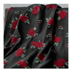 100% Polyester With Black Base And Red Rose Pattern Embroidery BrocadeJacquard Woven Fabric For Dresses