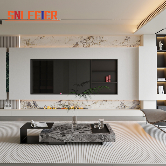 Customized Modern Luxury TV Wall Unit with Electric Fireplace Wood Wall Mounted TV Cabinet for Living Room Storage
