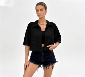 Frühling Sommer Neue Damenmode Einfarbige Revers-Crop-Bluse Einreihig mit Tasche Knopfleiste Halblange Ärmel Lässige Bluse - Product Image 5