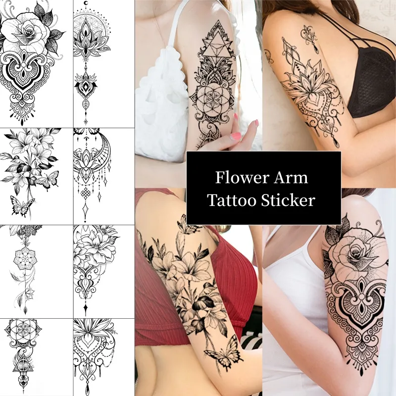 Temporary Tattoo Sticker Waterproof Sexy Black and White 3D Realistic Rose Peony Flower Arm Legs Sketch Tattoo Sticker for Women