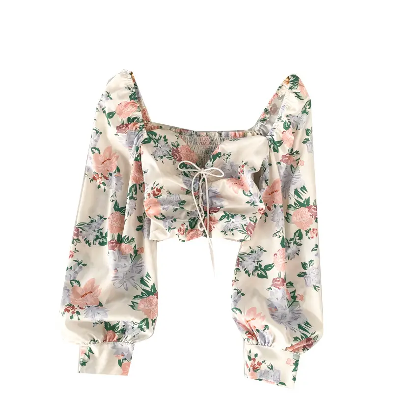Hot Sale Spring women Square Collar Bandage Ruched Puff Sleeve Long Sleeve FLoral Chiffon Blouse Crop Top