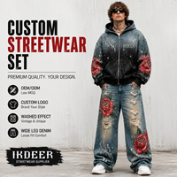 Ensemble sweat à capuche zippé et jean baggy IKDEER surdimensionné pour homme avec broderie appliquée personnalisée et strass