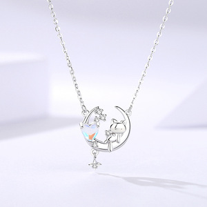 Collar de Plata de Ley S925 con Luna Creciente, Gatito, Corazón de Cristal Aurora, Joyería Estética Fairycore, Regalo para Adolescentes y Mujeres Jóvenes - Product Image 2