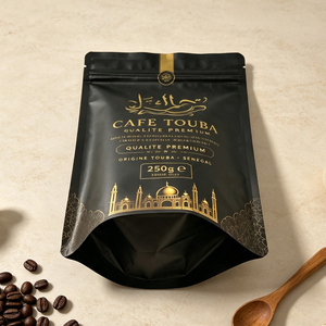 Bolsa de aluminio con cierre vertical, impresa a medida, negra, con estampado en caliente dorado, 250g, para envasar granos de café y café en polvo. - Product Image 5