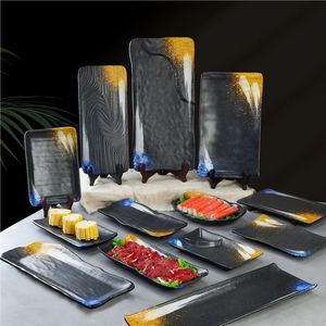 Japanese Style Melamine Serving <b>Trays</b> Rectangular Black Gold Design For <b>BBQ</b> Sushi Restaurant Use - Product Image 1