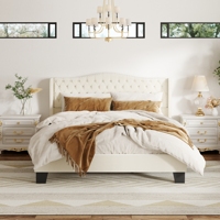 Cadre de lit modulaire double en bois de chêne et métal, style moderne haut de gamme, avec revêtement en velours et design capitonné réglable, couleur beige