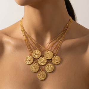 Collier pendentif <span class=keywords><strong>signe</strong></span> du zodiaque en acier inoxydable plaqué or 18 carats style vintage XF Relief Coin pour cadeau d'anniversaire - Product Image 4