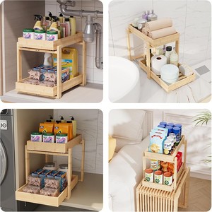Bamboo Double Layer Storage Rack Solid Wood Pull Out Organizer For Cabinet <b>Under</b> Sink Kitchen - Product Image 2