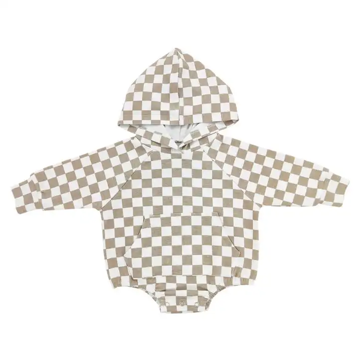 カスタム卸売ファッションベビー & 幼児シンプルな格子パターン長袖パーカーベビー通気性キッズロンパース