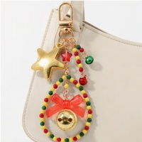 Porte-clés de Noël avec étoile dorée, clochette, perles colorées et breloque nœud rouge, pendentif de sac festif