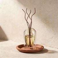 Bouteille diffuseur d'arômes en verre transparente ronde vide de 130 ml et 200 ml, personnalisable OEM ODM, avec base en bois pour la décoration intérieure