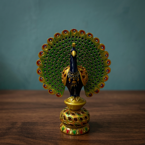 Figura de Pavo Real de Madera Pintada a Mano Estilo Bohemio Tradicional |   Estatua de pájaro india tallada con motivos calados de Rajasthan para decoración del hogar - Product Image 2
