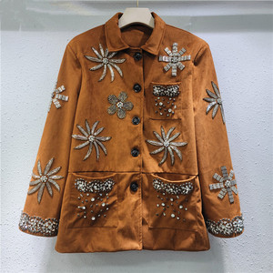 Giacca in Denim Lavato con Paillettes e Strass, Giacca da <span class=keywords><strong>Donna</strong></span> con Decorazioni Floreali in Perline e Diamanti - Product Image 1