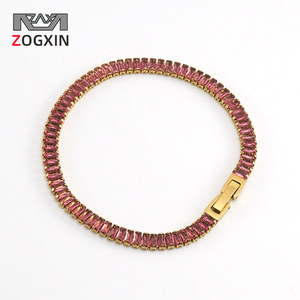 Zogxin Tennis <b>Bracelet</b> Rose <b>Red</b> Zircon Channel Setting 18k Gold Plated Stainless Steel Party Jewelry Bangle - Product Image 1