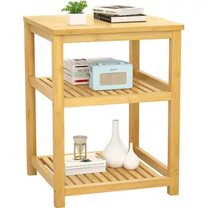 Cama de bambu lateral impressora, suporte para mesa de café pequena, mesa de 3 camadas, prateleira de armazenamento para banheiro, madeira, sala de estar, luminária