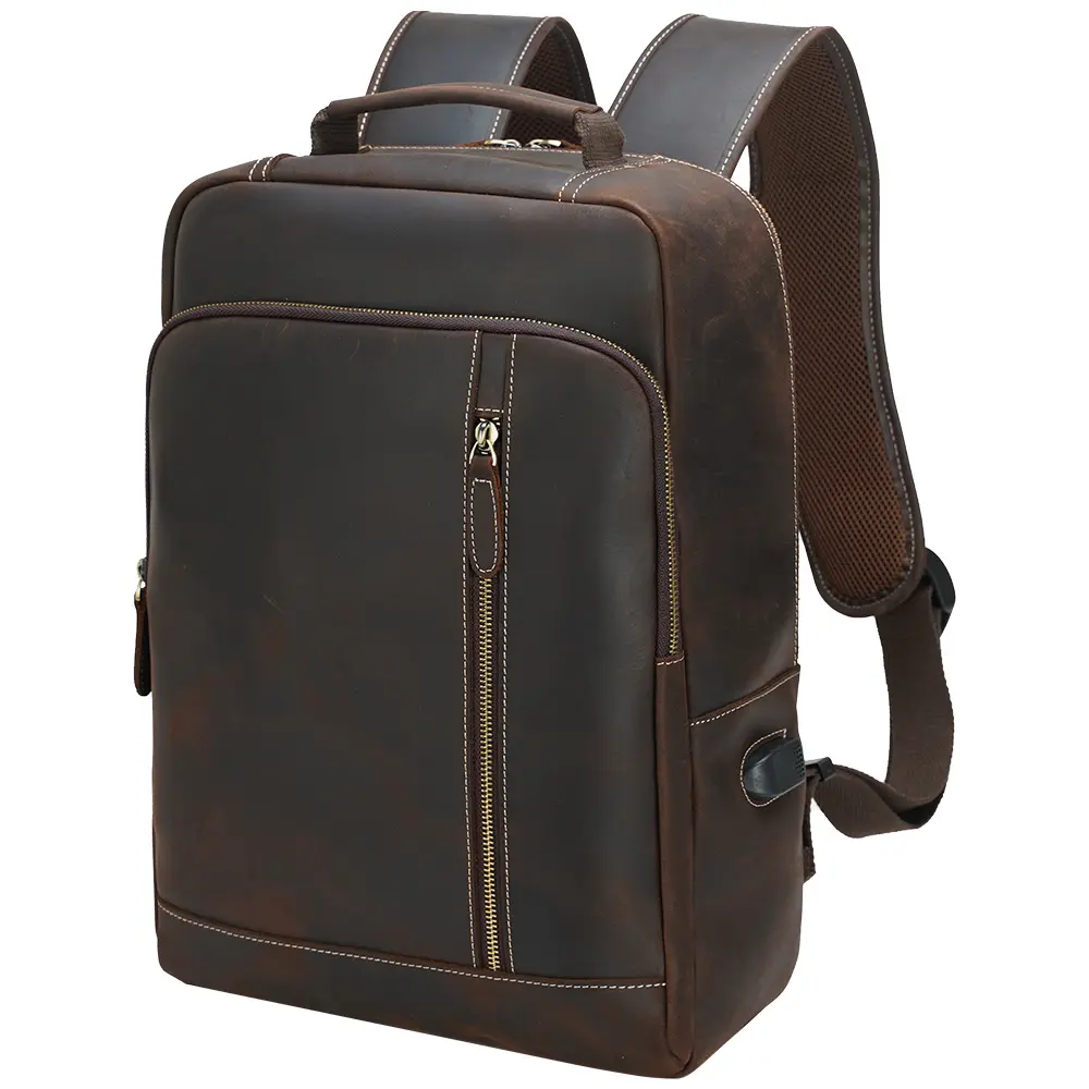 Retro ODM OEM Custom Logo Men's Genuine Cow Leather Backpack Bag For Daily Dark Brown Black Full Grain Leather Laptop Back Pack