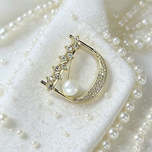 Broche chapado en oro con forma de luna, con diamantes de imitación de cristal y perlas de imitación, joyería de moda para mujer, accesorio para fiesta de boda - Product Image 3