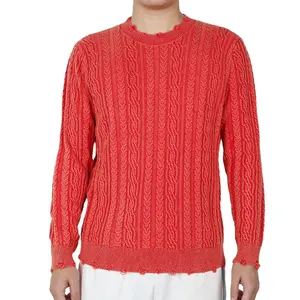 Pakaian rajut katun desain tertekan dengan kabel sweater kustom leher kru rajut untuk pria