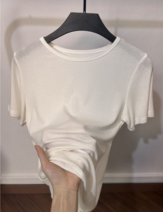 TS-019 Women's Lyocell Knitted Short Sleeve Round Neck T-Shirt Solid Color Base Layer Milky White <b>Date</b> <b>Red</b> - Product Image 6