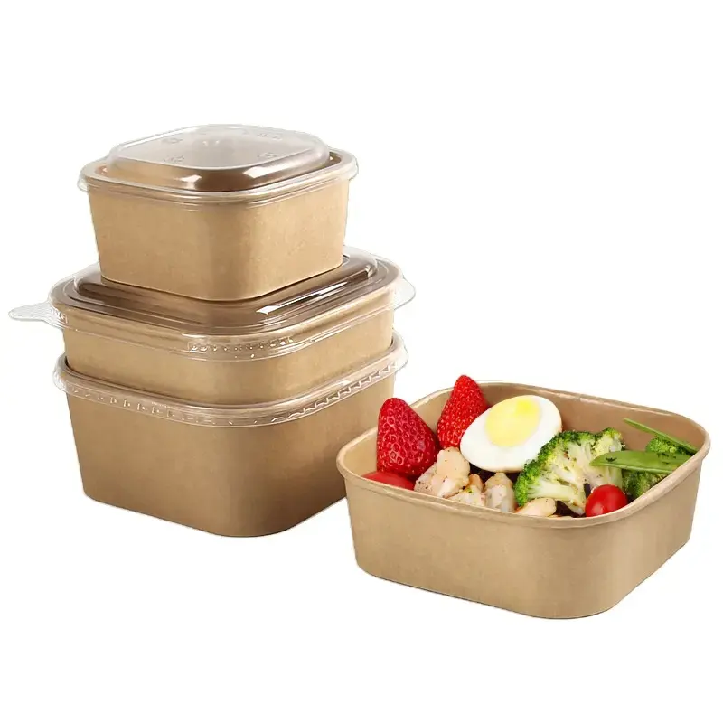 Biểu tượng tùy chỉnh Craft lấy đi ăn trưa thực phẩm bát dùng một lần hình chữ nhật kraft giấy vuông salad container bát