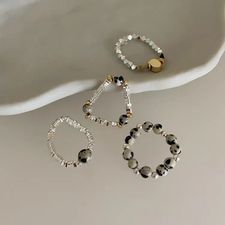 Atacado bonito alta qualidade jóias anel dalmation jasper prata hematita natural cura cristal frisado anel