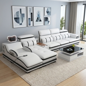 Divano Modulare Moderno in Pelle Bianca <span class=keywords><strong>e</strong></span> Nera - Set Sezionale di Lusso per Soggiorno Minimalista con Arte Astratta - Product Image 1